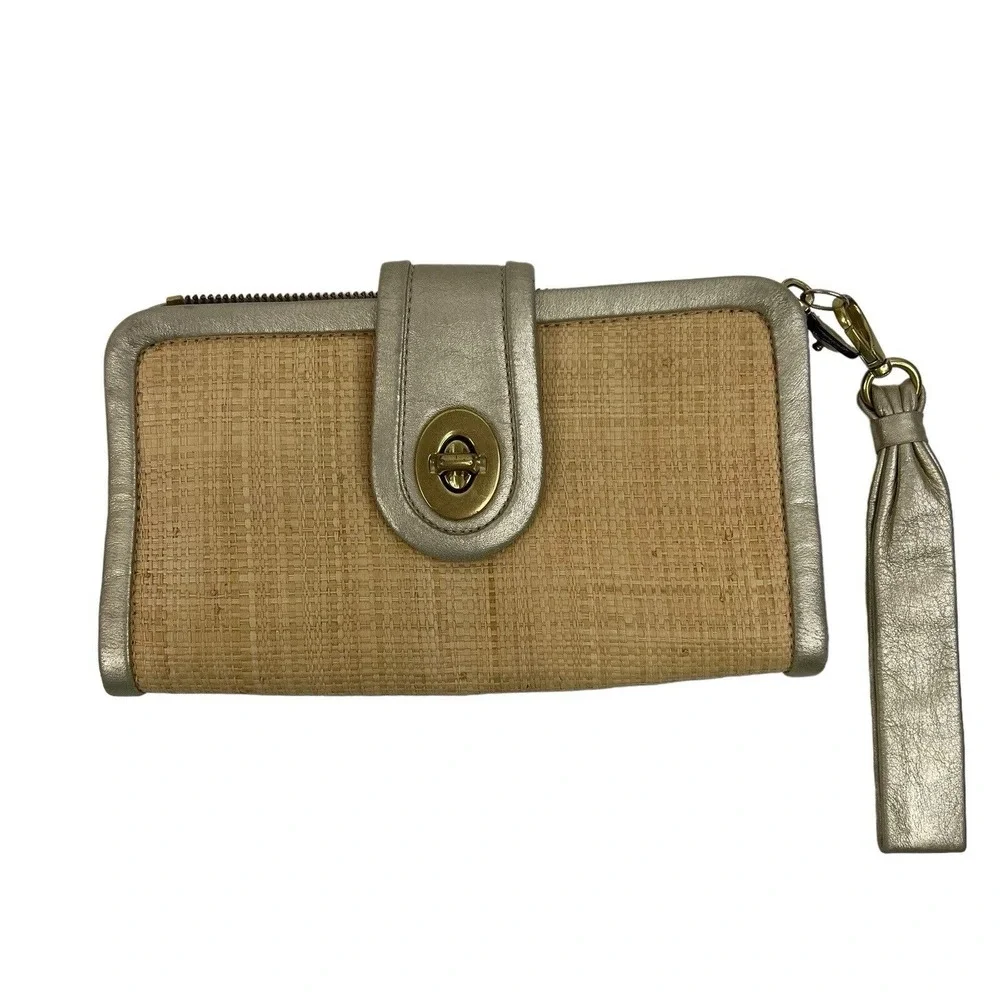 Coach Parker Natural Straw Leather Trim Clutch Wristlet Wallet Gold Turnlock
